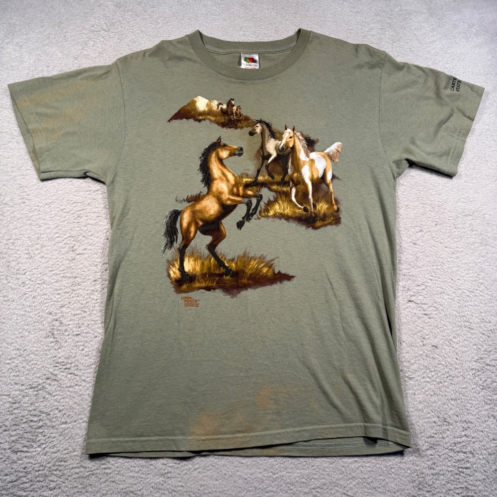 Vintage Y2K 2000s Fruit of the Loom Horse‎ Graphic Tee T-Shirt Unisex M Green